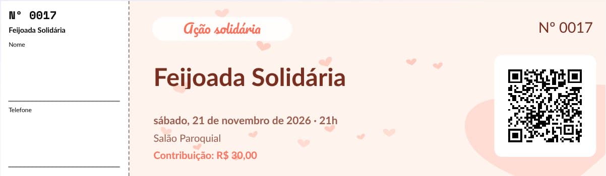 Modelo de ingresso para evento beneficente, preenchido com um evento de exemplo