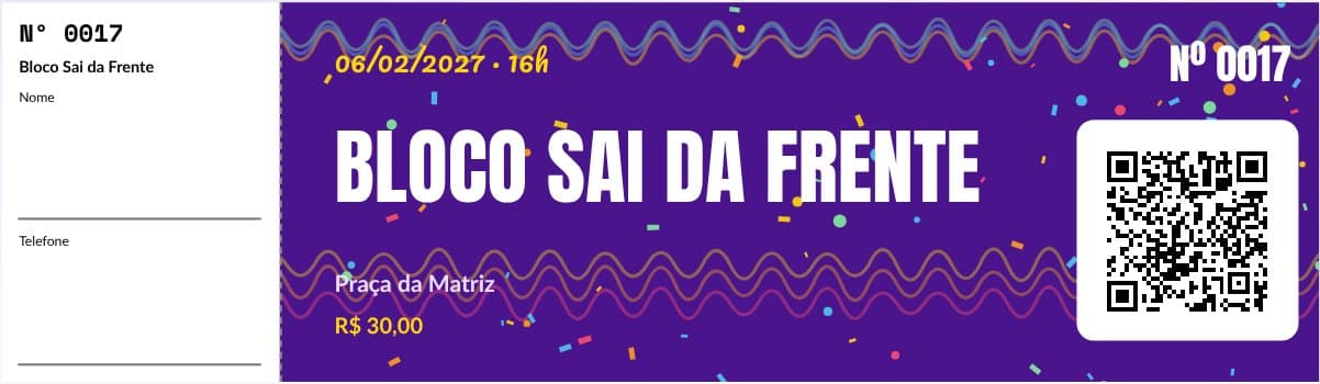 Modelo de ingresso para carnaval e bloco, preenchido com um evento de exemplo