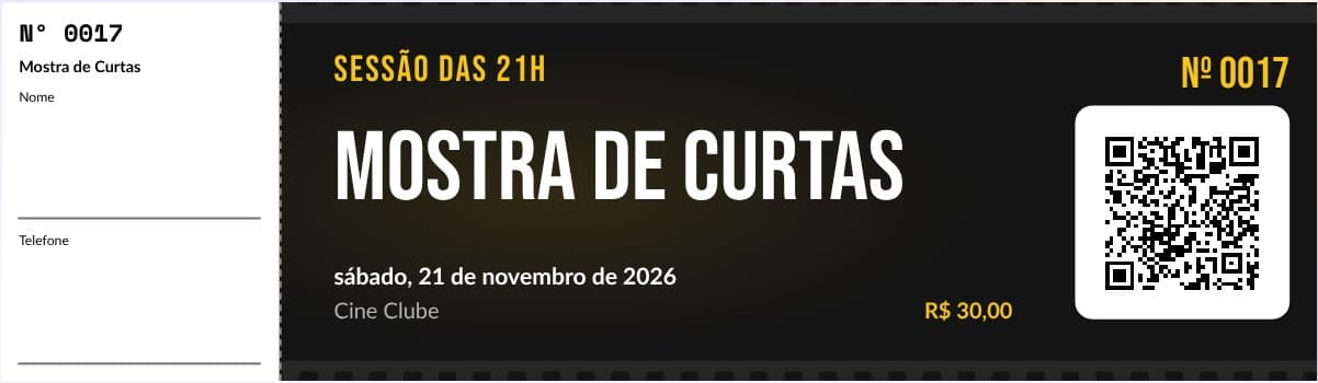 Modelo de ingresso de cinema, preenchido com um evento de exemplo
