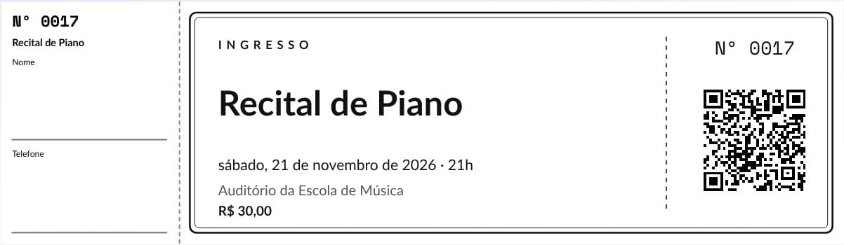 Modelo de ingresso simples e numerado, preenchido com um evento de exemplo