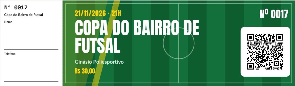 Modelo de ingresso para jogo e campeonato, preenchido com um evento de exemplo