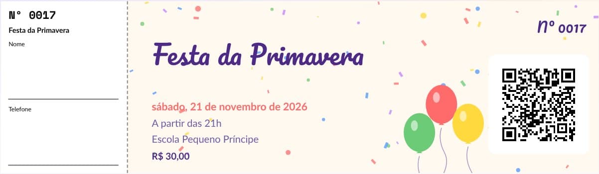 Modelo de ingresso para festa infantil, preenchido com um evento de exemplo