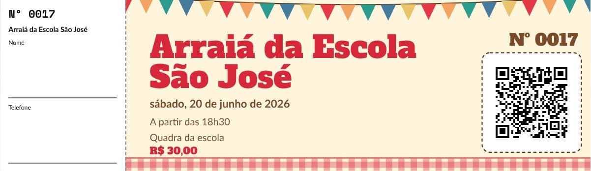 Modelo de ingresso de festa junina, preenchido com um evento de exemplo