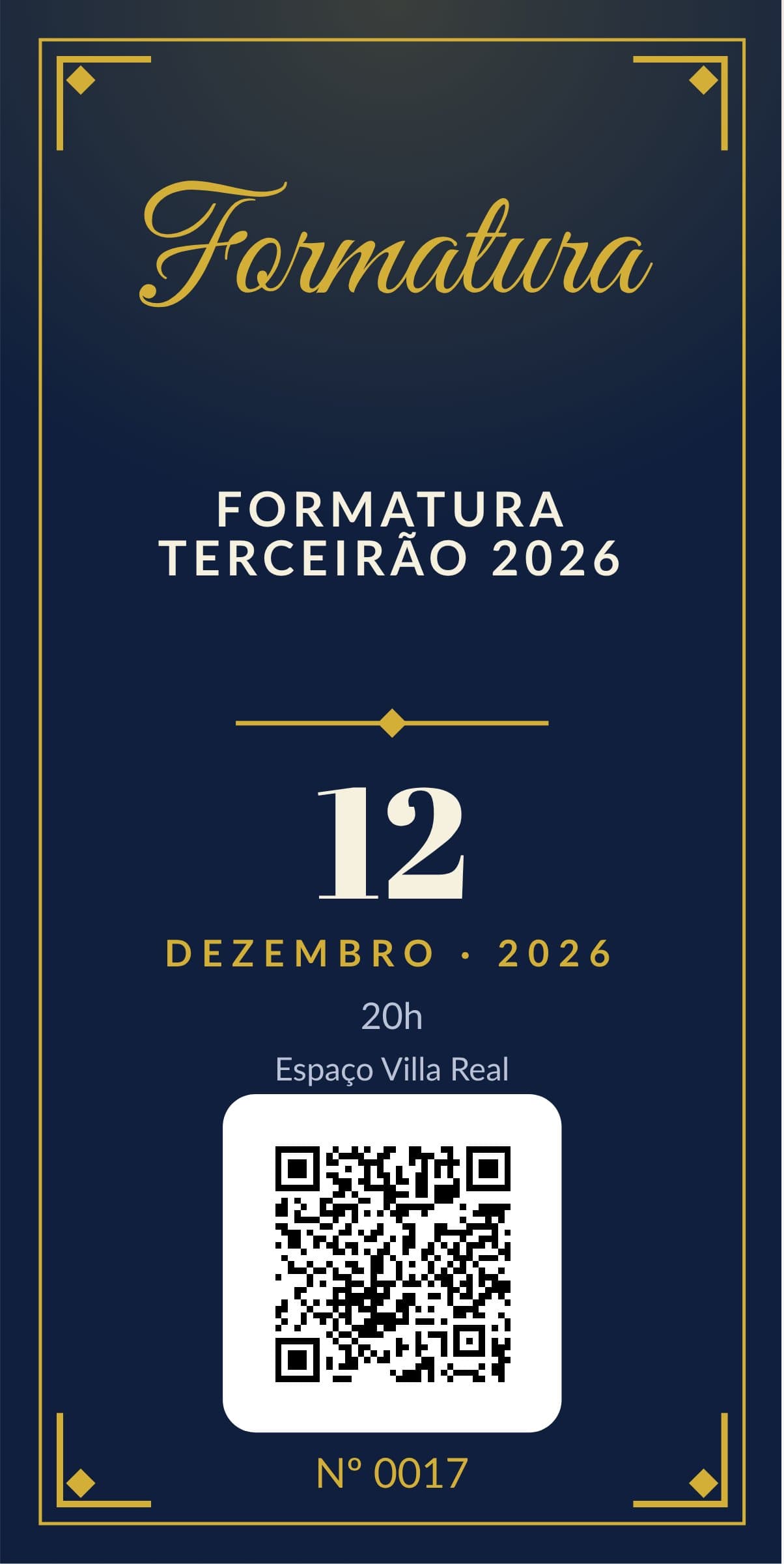 Modelo de convite de formatura, preenchido com um evento de exemplo