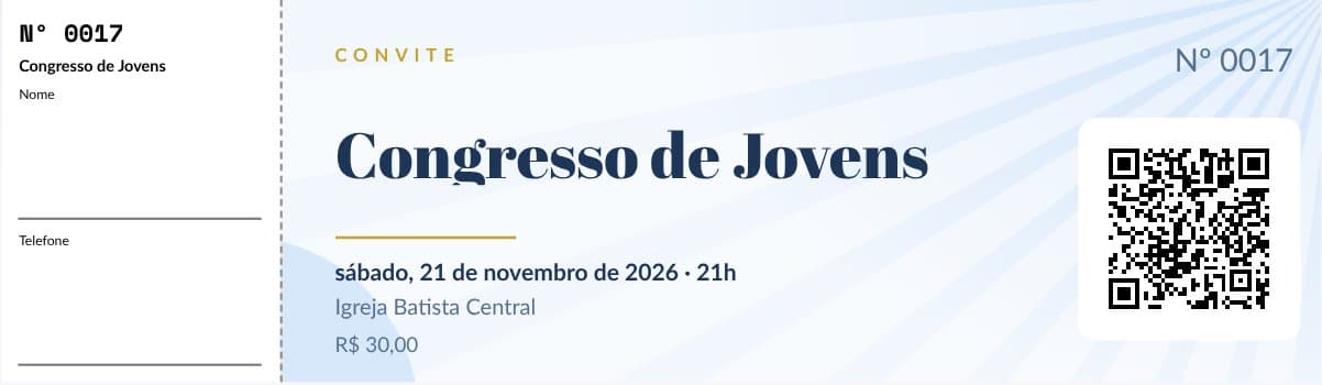 Modelo de ingresso para igreja e congresso, preenchido com um evento de exemplo