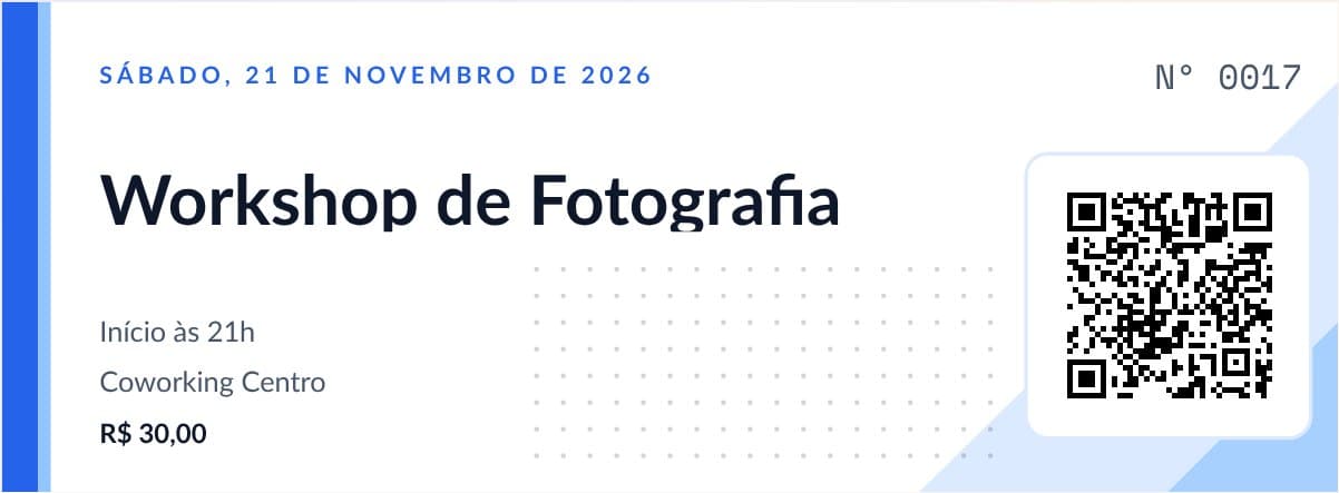 Modelo de ingresso para palestra e workshop, preenchido com um evento de exemplo