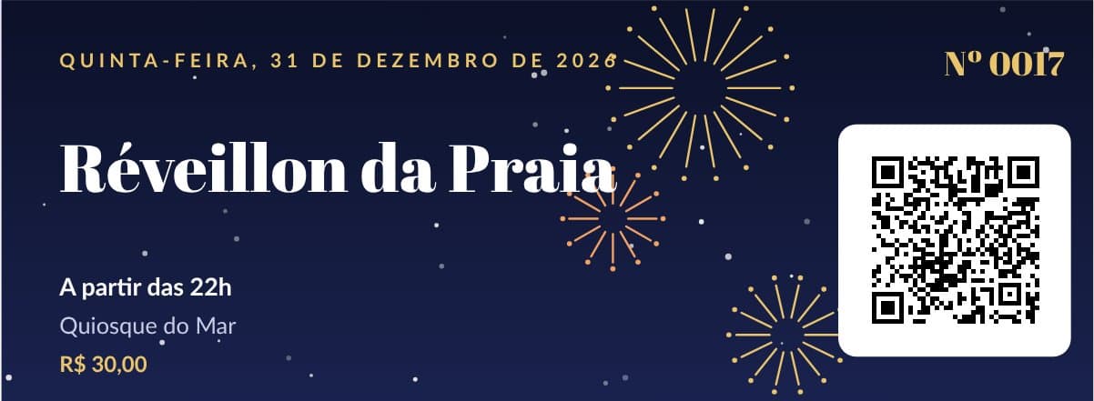 Modelo de ingresso para Réveillon, preenchido com um evento de exemplo