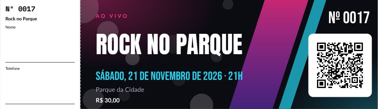 Modelo de ingresso para show ao vivo, preenchido com um evento de exemplo
