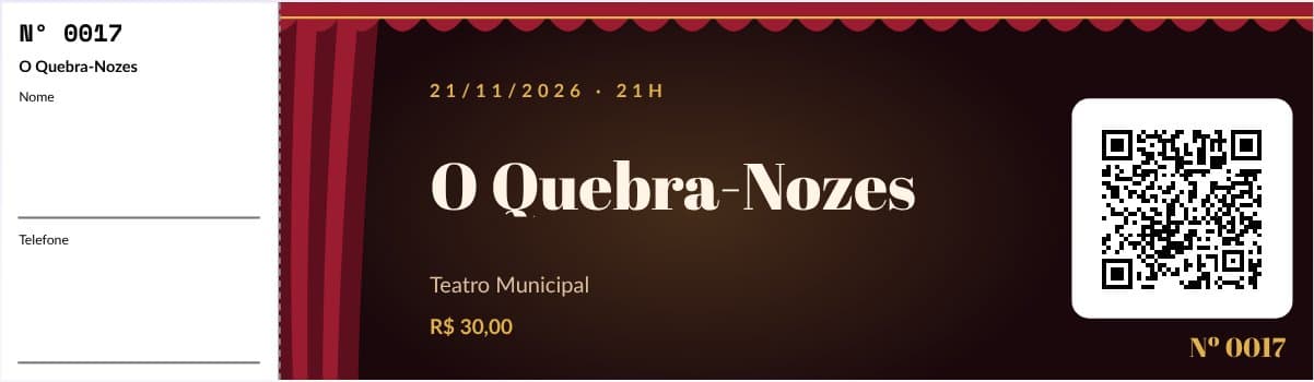 Modelo de ingresso para teatro e dança, preenchido com um evento de exemplo